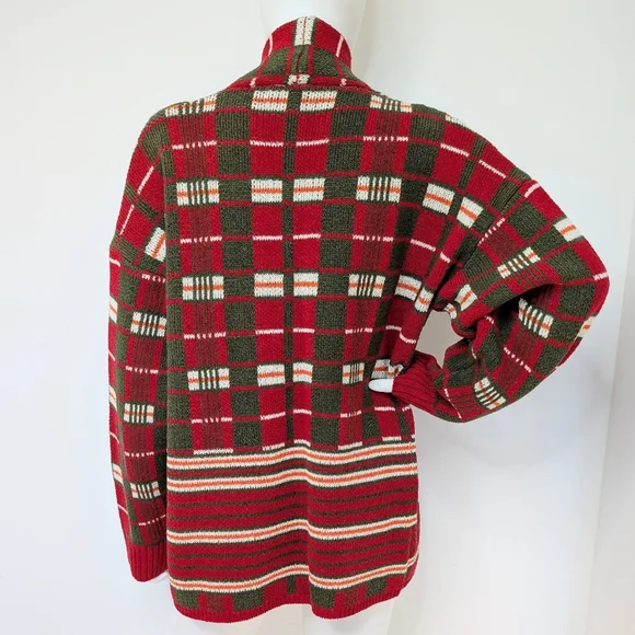 Men's Retro Red, Green, & Orange Plaid Open Style Shawl Collar Cardigan Sweater - Picture 6 of 7